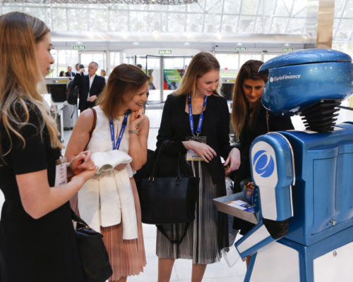 Promotional robot hire and rental, exhibition robot, Euro Finance